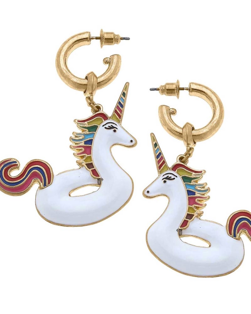Front of a size O/S Women'S Unicorn Pool Float Enamel Earrings in White Multi in White Multi by CANVAS Style. | dia_product_style_image_id:330835